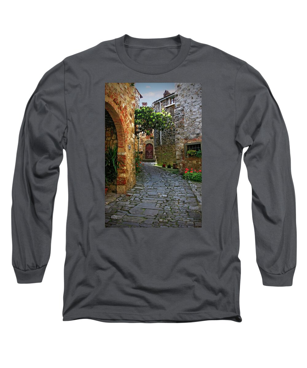 Romantic Street Long Sleeve T-Shirt featuring the photograph Street Path in Montefioralle Italy by Lily Malor