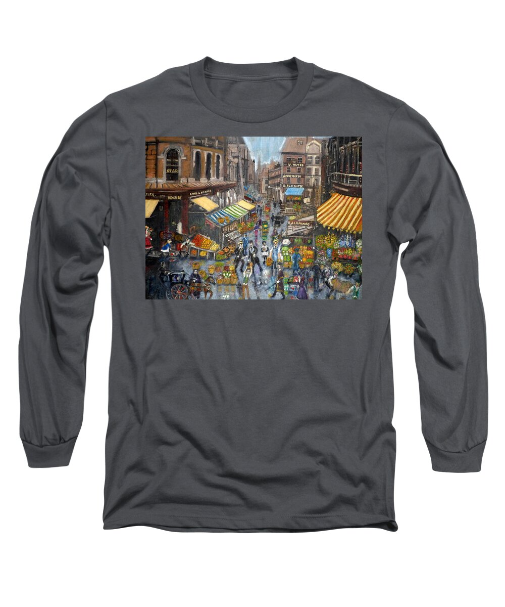 Nostalgia Long Sleeve T-Shirt featuring the painting Street Scene Market by Peter Gartner