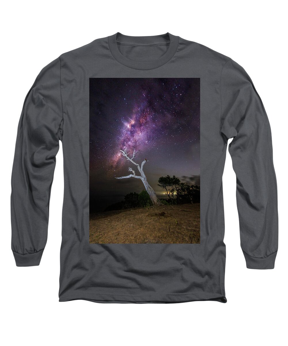 Travel Long Sleeve T-Shirt featuring the photograph Striking Milkyway Over A Lone Tree by Pradeep Raja Prints