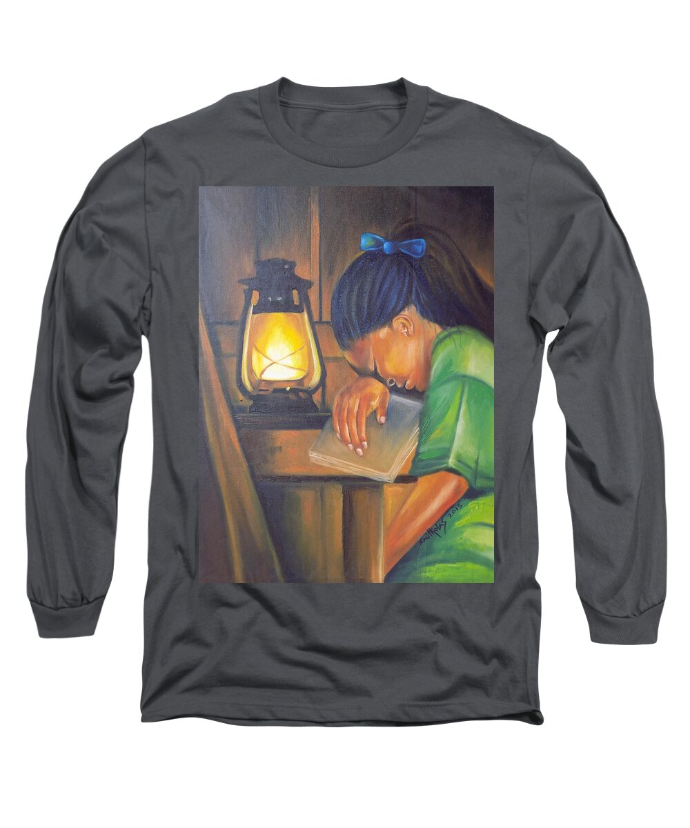 Studying Long Sleeve T-Shirt featuring the painting Studying by Olaoluwa Smith
