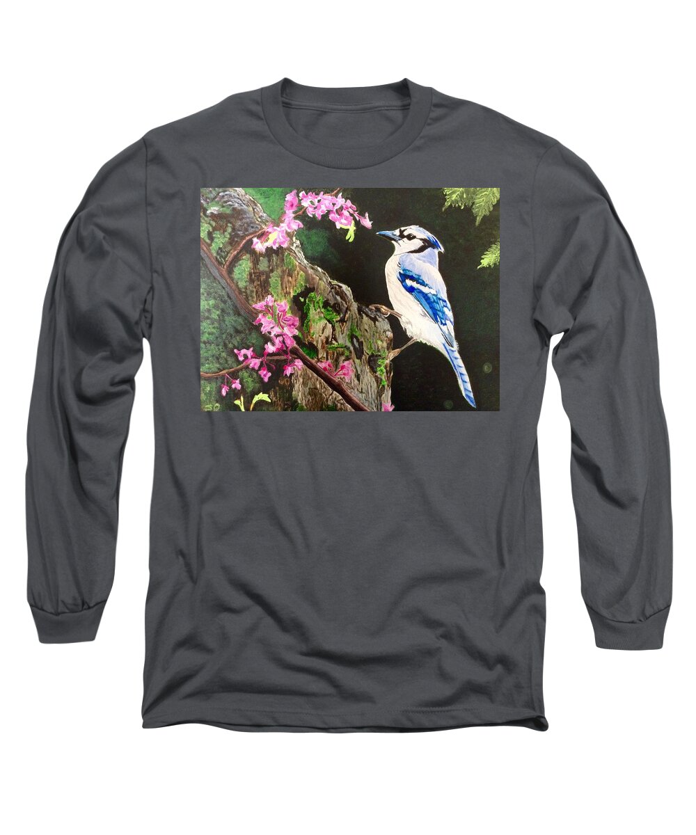 Blue Jay Long Sleeve T-Shirt featuring the painting Stump sitter by Sonja Jones