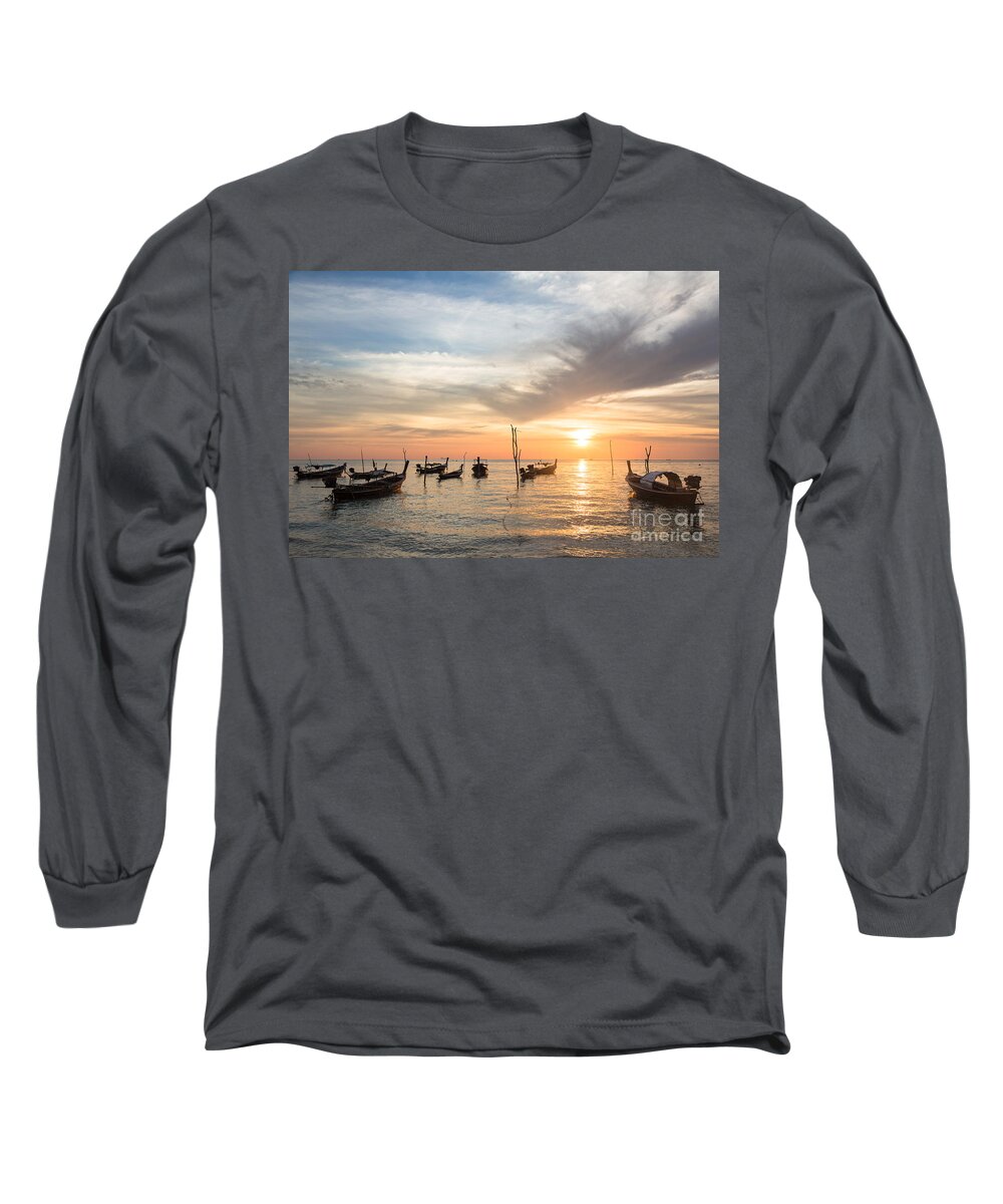Koh Lanta Long Sleeve T-Shirt featuring the photograph Stunning sunset over wooden boats in Koh Lanta in Thailand by Didier Marti