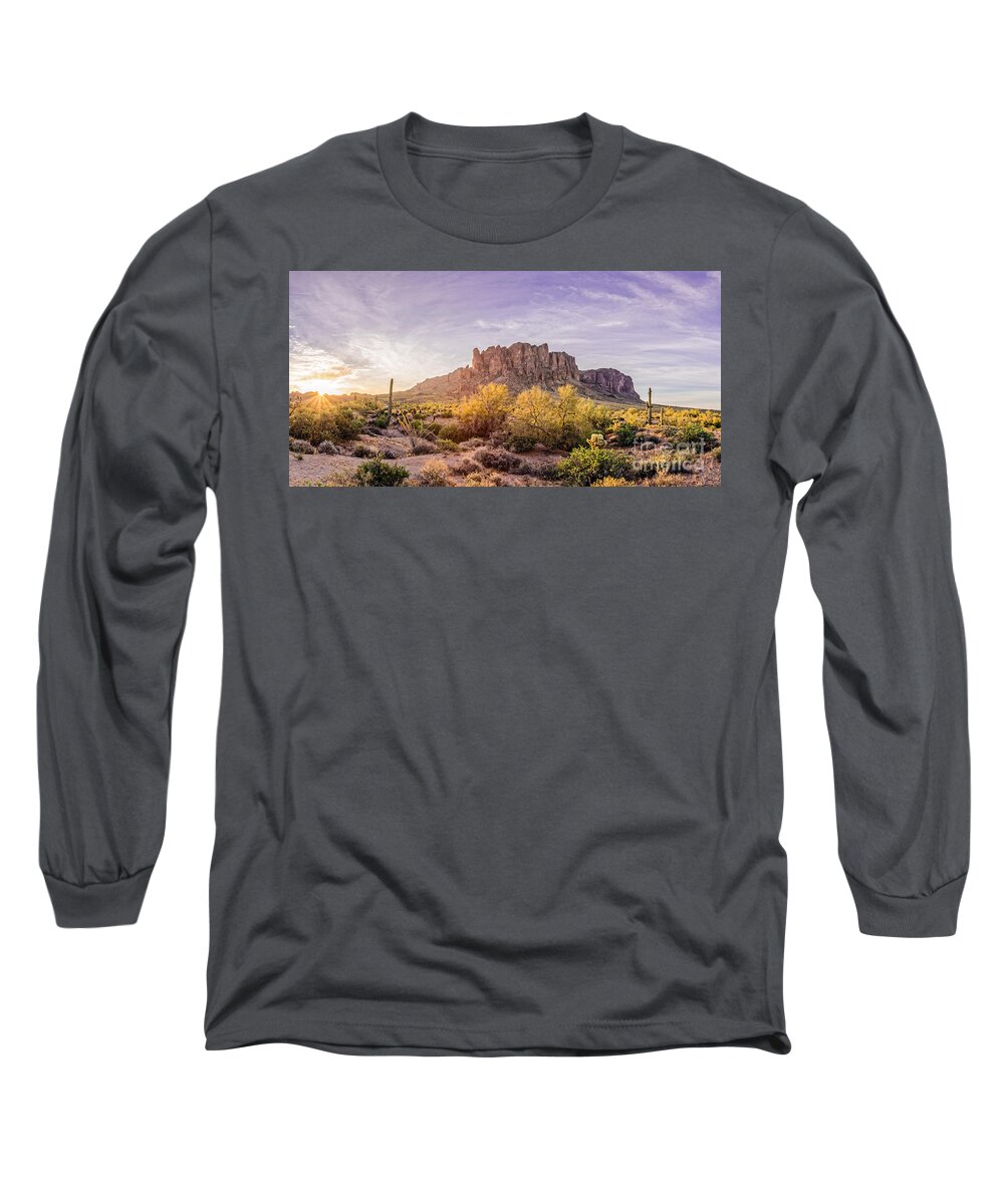Lost Dutchman Long Sleeve T-Shirt featuring the photograph Sun Peaking at Lost Dutchman State Park - Apache Junction Arizona by Silvio Ligutti