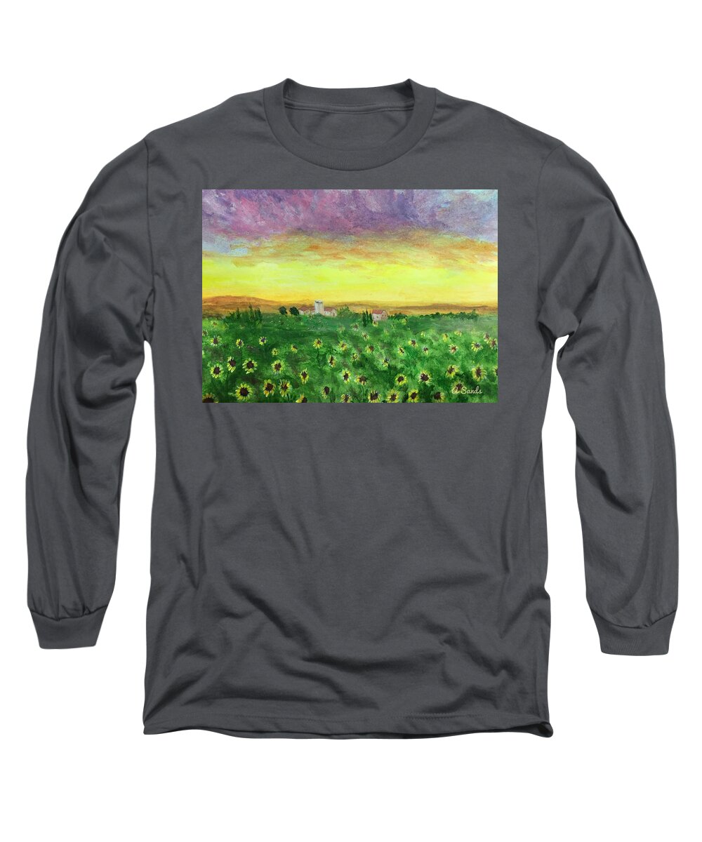 Tuscany Long Sleeve T-Shirt featuring the painting Sunflower Field by Anne Sands