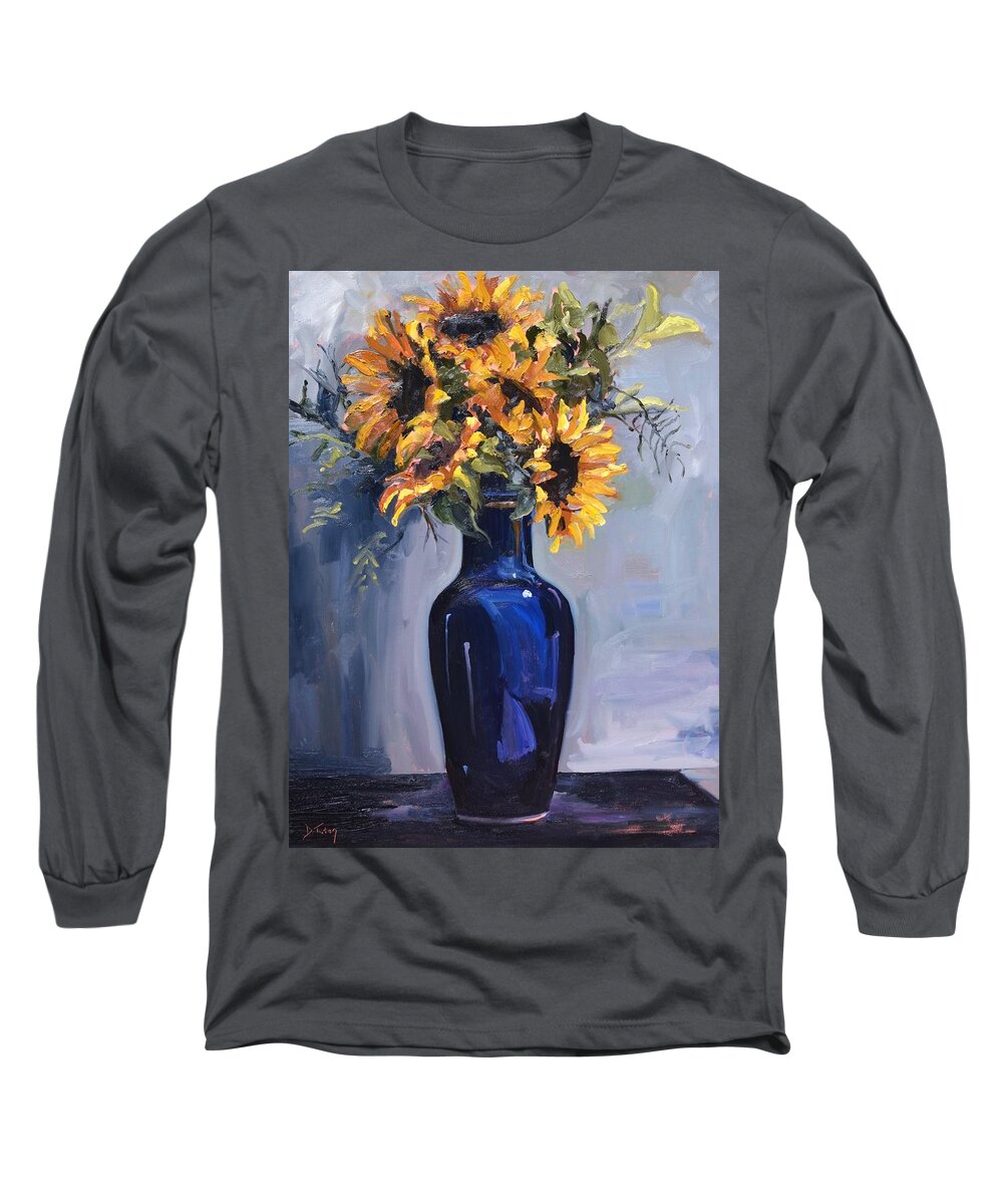 Sunflower Long Sleeve T-Shirt featuring the painting Sunflowers in a Blue Vase by Donna Tuten