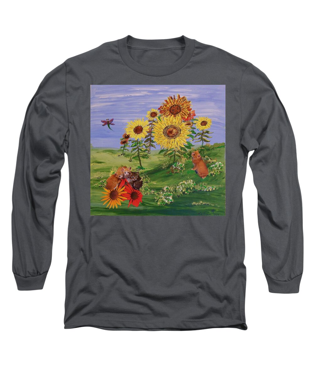 Kittens Long Sleeve T-Shirt featuring the painting Sunflowers, Kittens and Dragonflies by Kenlynn Schroeder