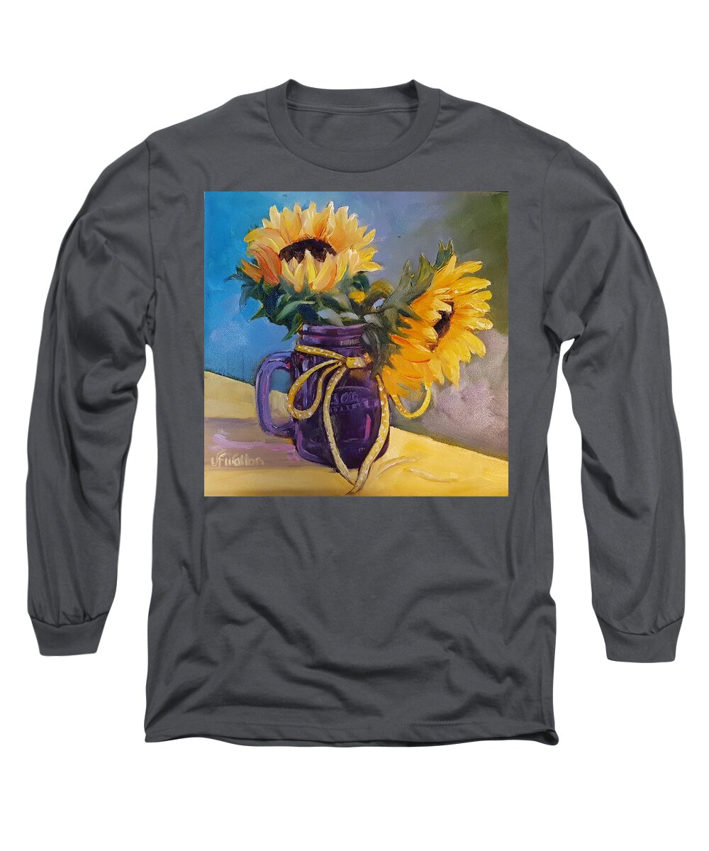 Sunflowers / Purple Mug Long Sleeve T-Shirt featuring the painting Sunflowers/ purple mug by Judy Fischer Walton