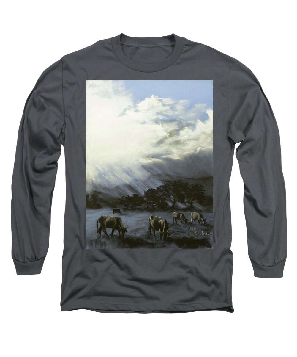 Cows Long Sleeve T-Shirt featuring the drawing Grazing in Casanare by Jordan Henderson