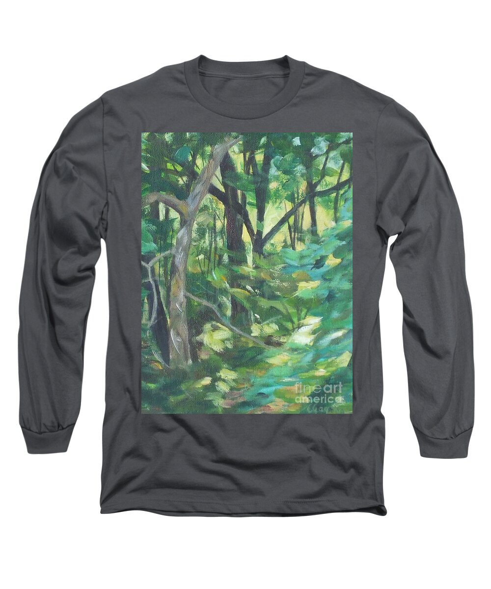 Tree Long Sleeve T-Shirt featuring the painting Sunlit Backyard by Claire Gagnon