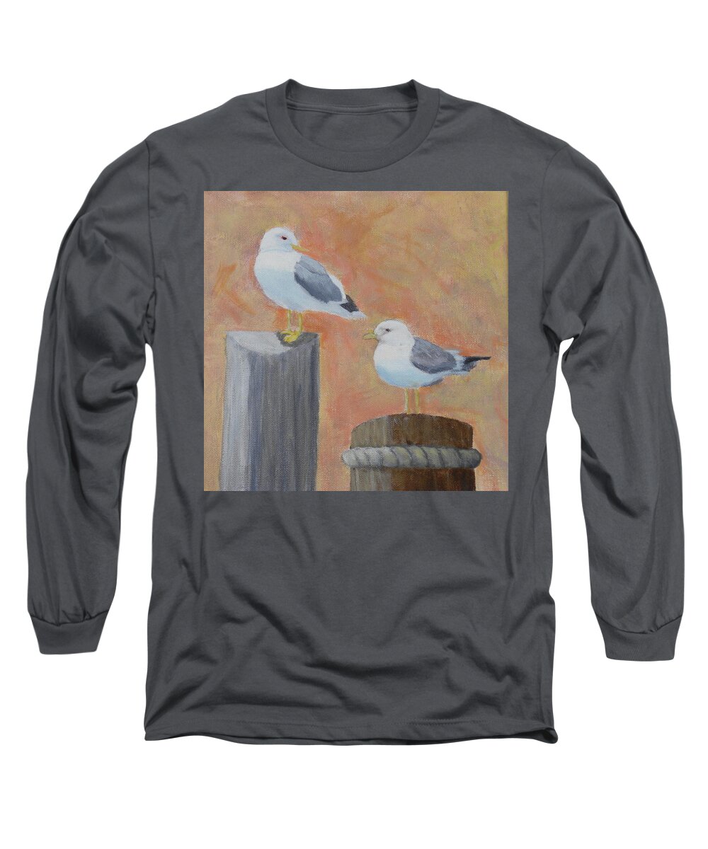 Sunrise Seagulls Birds Docks Ocean Sea Landscape Seascape Long Sleeve T-Shirt featuring the painting Sunrise Delight by Scott W White