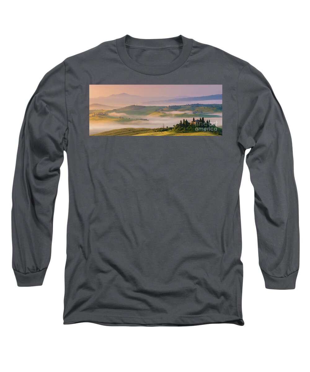 San Quirico Long Sleeve T-Shirt featuring the photograph Sunrise in Tuscany by Henk Meijer Photography