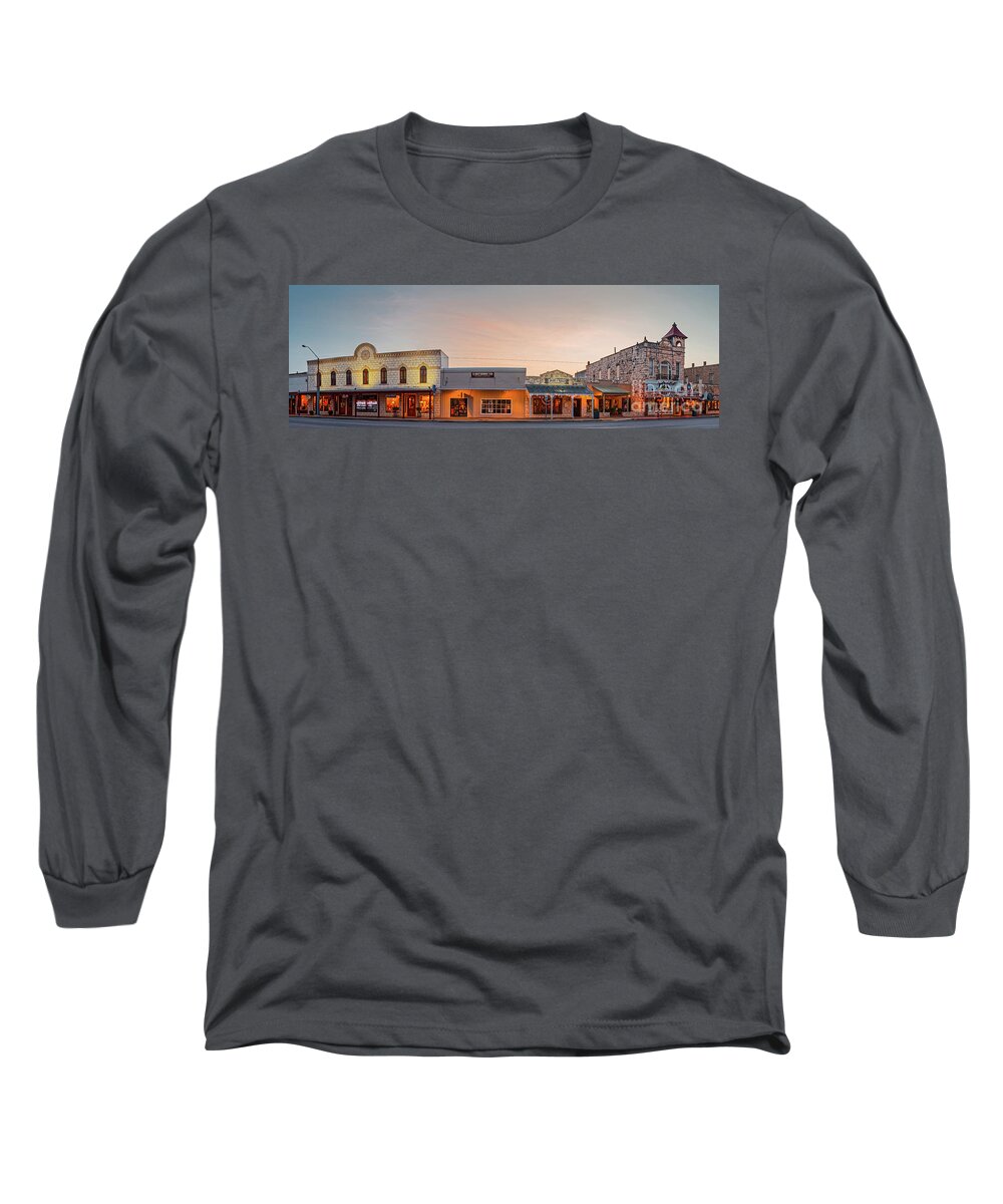 City Long Sleeve T-Shirt featuring the photograph Sunrise Panorama of Downtown Fredericksburg Historic District - Gillespie County Texas Hill Country by Silvio Ligutti