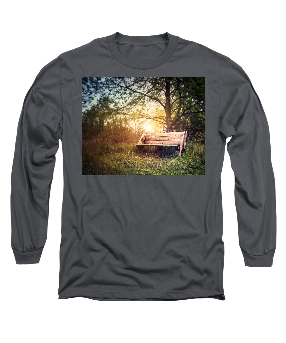 Landscape Long Sleeve T-Shirt featuring the photograph Sunset on a Wooden Bench by Scott Norris