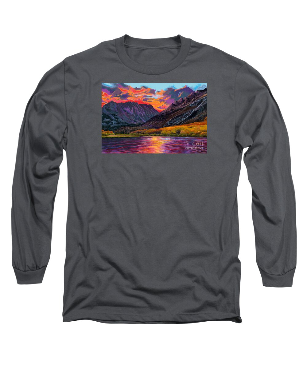 Sunset Long Sleeve T-Shirt featuring the painting Sunset on Sheltered Lake by Jackie Case