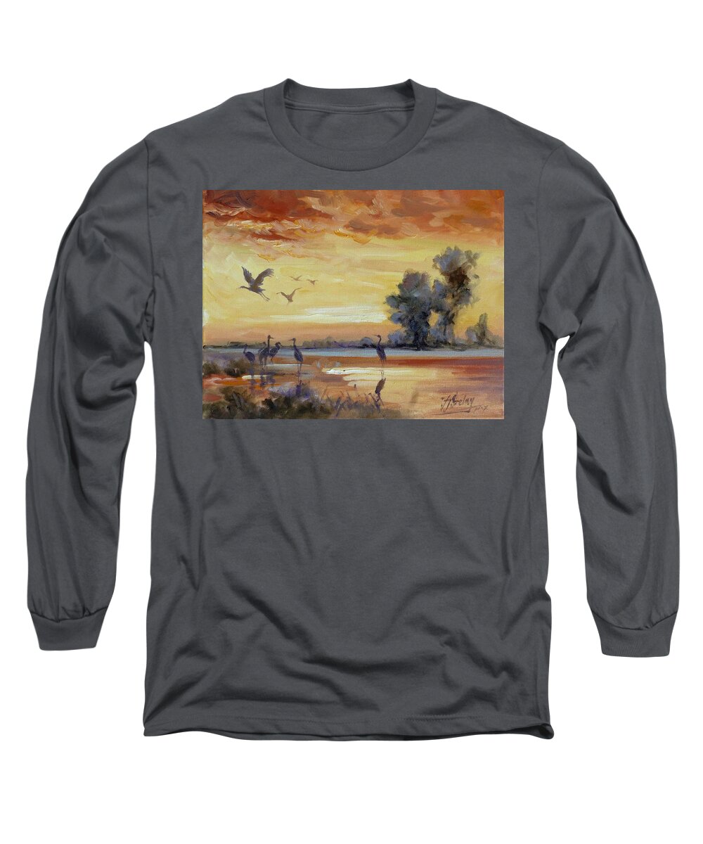 Cranes Long Sleeve T-Shirt featuring the painting Sunset on the marshes with cranes by Irek Szelag
