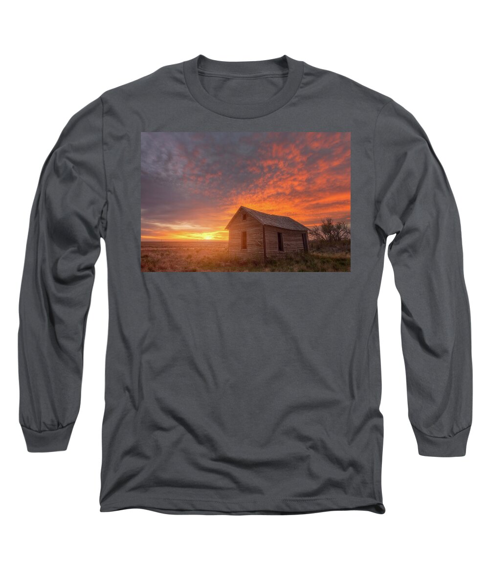Abandoned Buildings Long Sleeve T-Shirt featuring the photograph Sunset on the Prairie by Darren White