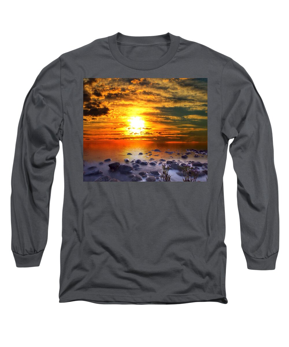 Beach Painting Long Sleeve T-Shirt featuring the painting Sunset Shoreline by Mark Taylor