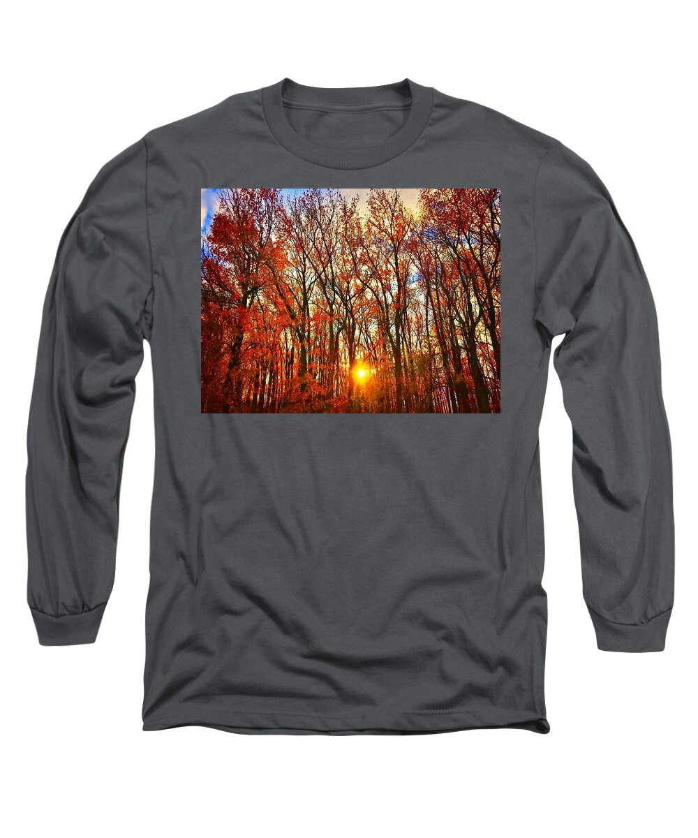 Woods Long Sleeve T-Shirt featuring the photograph Sunset through the Woods by Shawn M Greener