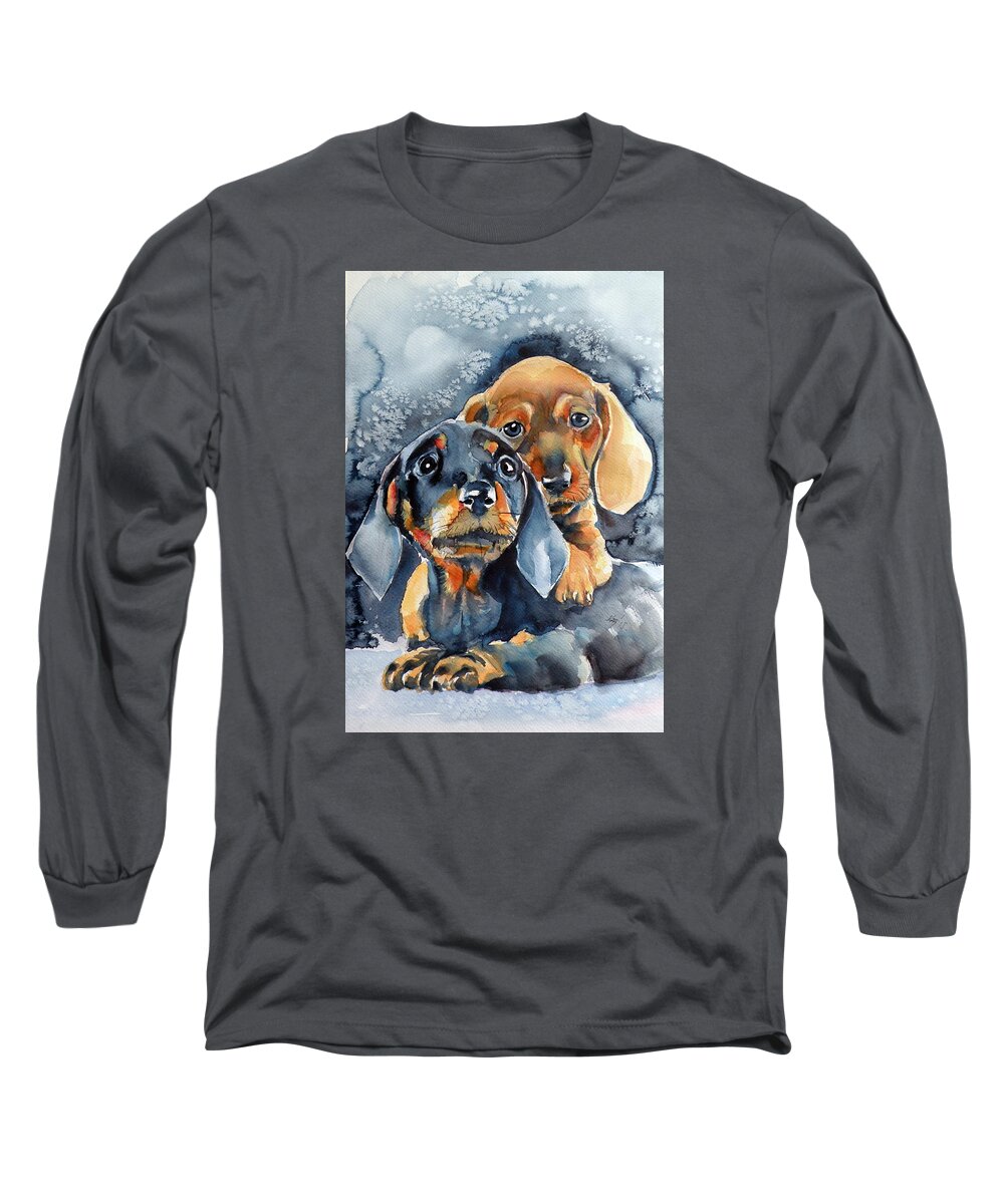 Dog Long Sleeve T-Shirt featuring the painting Sweet little dogs by Kovacs Anna Brigitta