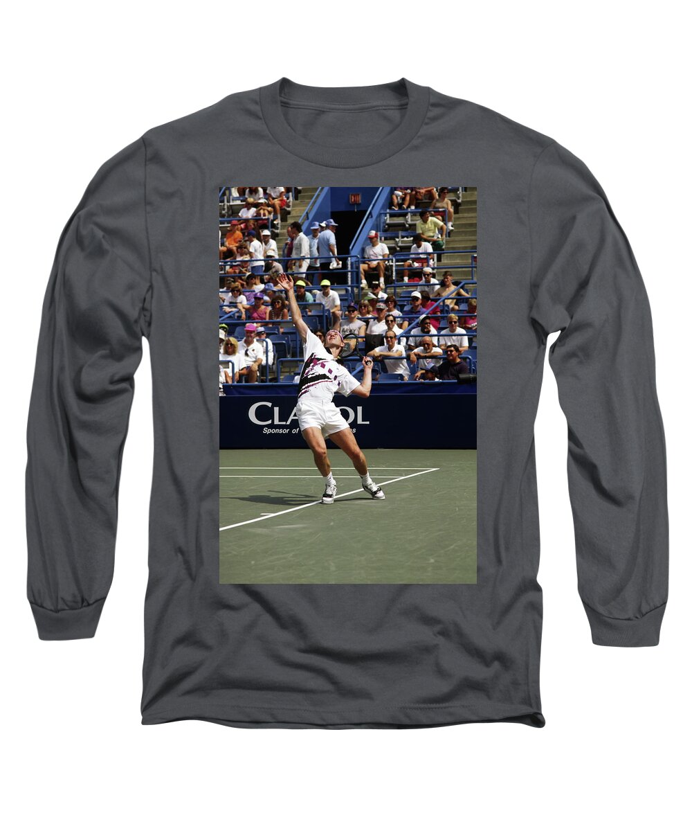 John Mcenroe Serving Long Sleeve T-Shirt featuring the photograph Tennis Serve by Sally Weigand