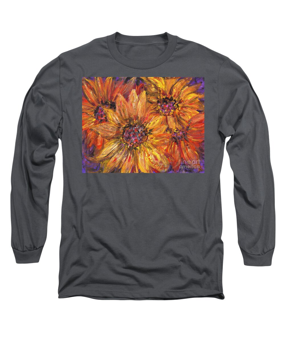 Yellow Long Sleeve T-Shirt featuring the painting Textured Gold and Red Sunflowers by Nadine Rippelmeyer