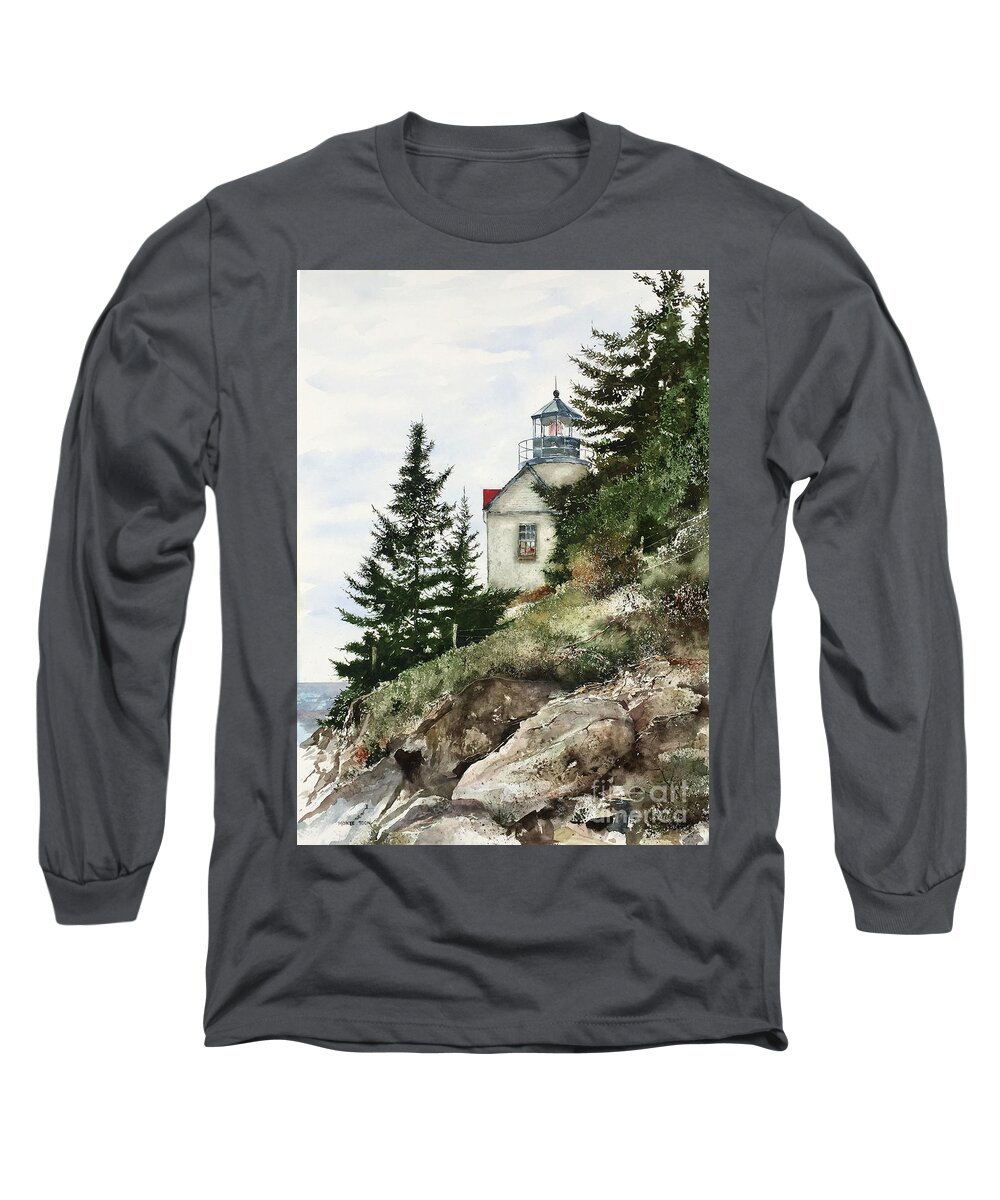 The Bass Harbor Lighthouse On The Coast Of Maine In The Summer Long Sleeve T-Shirt featuring the painting The Beacon by Monte Toon