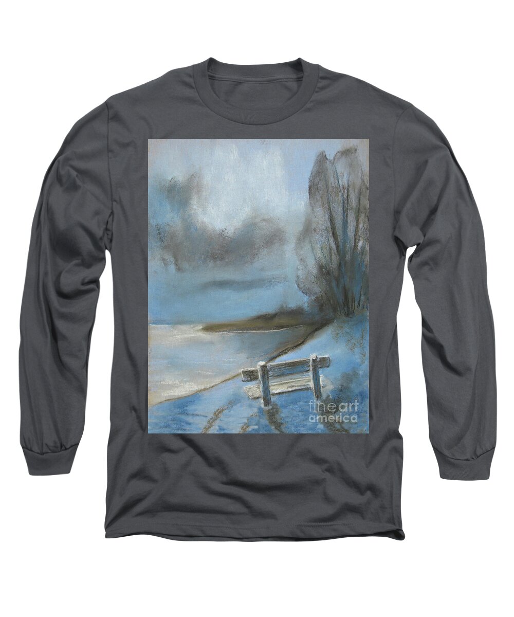 Bench Long Sleeve T-Shirt featuring the digital art The bench in the snow on a lake by Horst Rosenberger