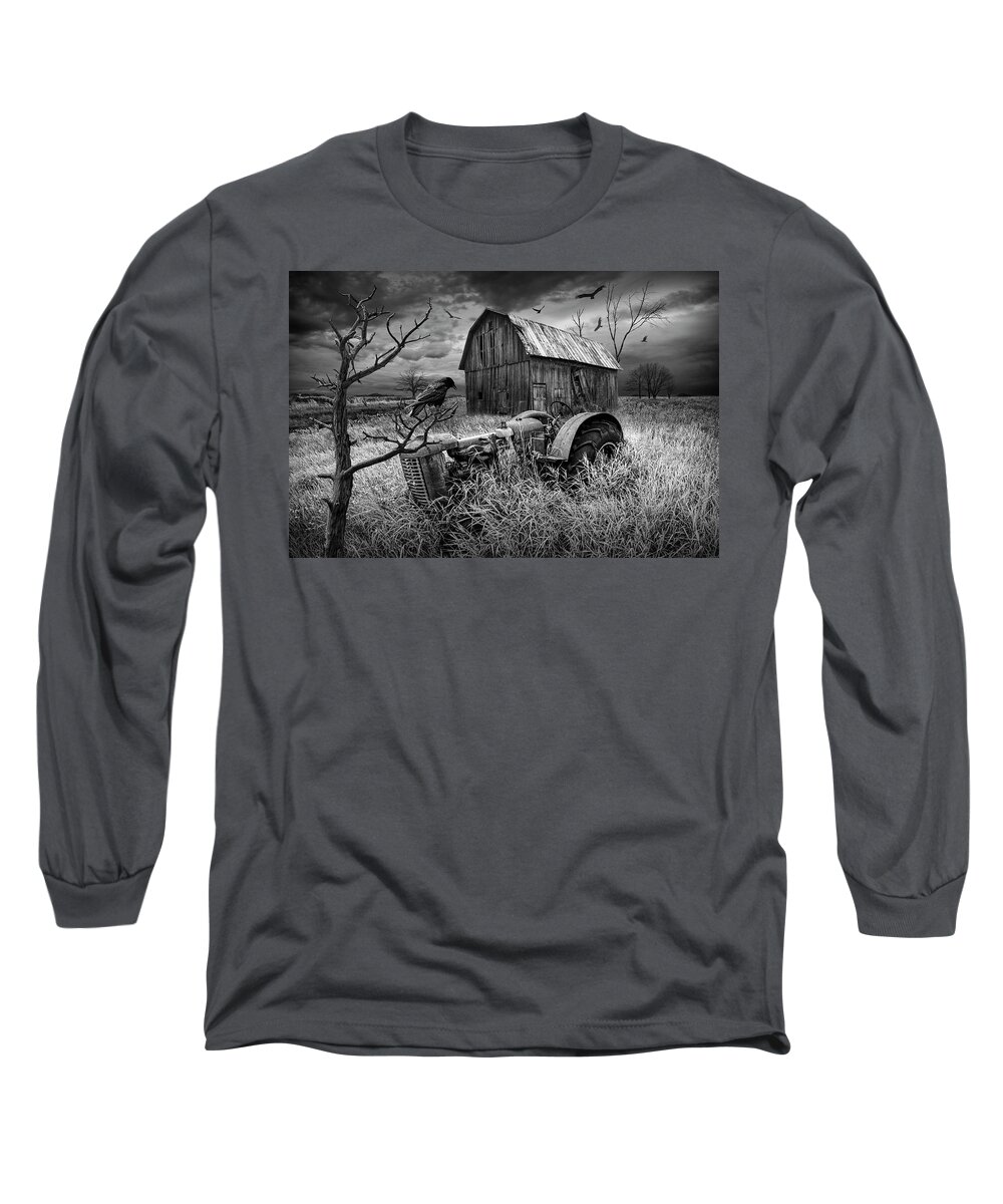Art Long Sleeve T-Shirt featuring the photograph The Decline and Death of the Small Farm in Black and White by Randall Nyhof