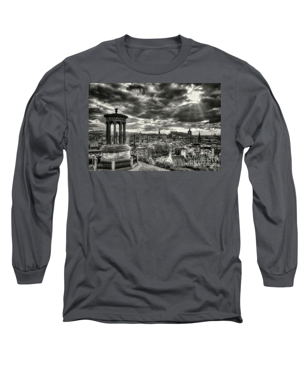 Sunset Long Sleeve T-Shirt featuring the photograph The Edinburgh skyline, and Dugald Stewart Monument. by Phill Thornton