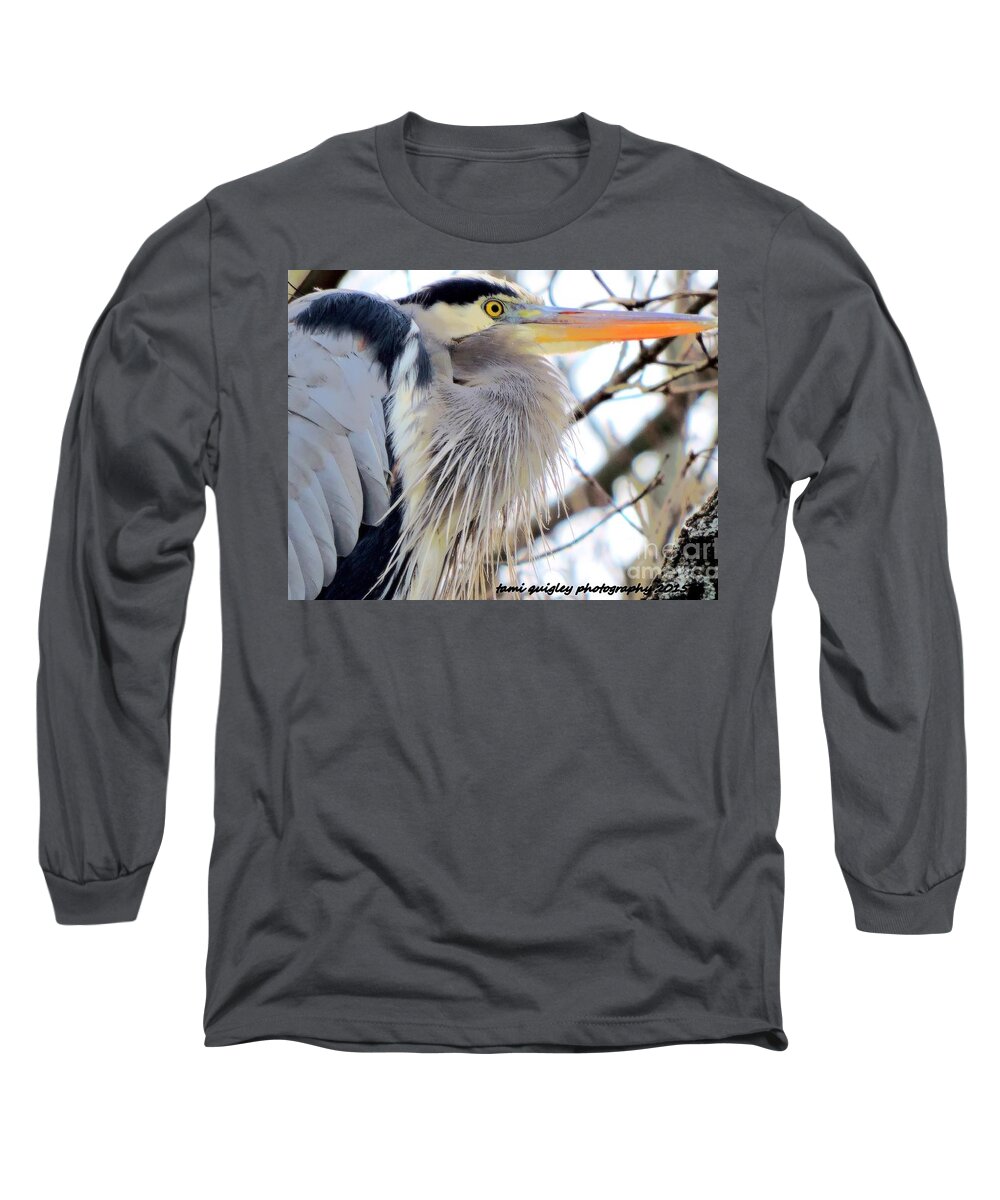 Great Blue Heron Long Sleeve T-Shirt featuring the photograph The Heron In Winter by Tami Quigley