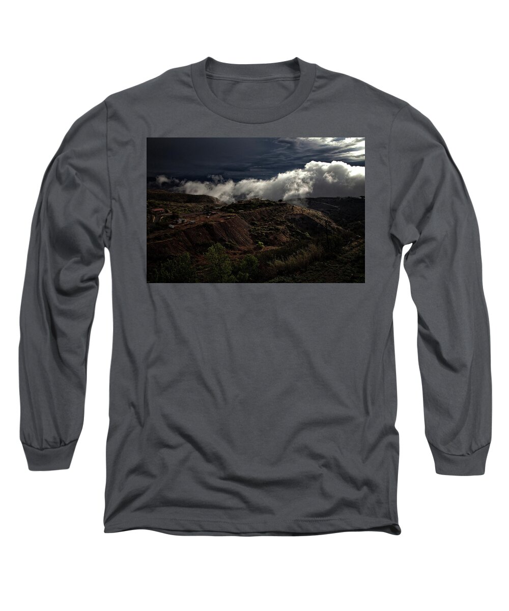 Douglas Mansion Long Sleeve T-Shirt featuring the photograph The Jerome State Park with low lying clouds after storm by Ron Chilston