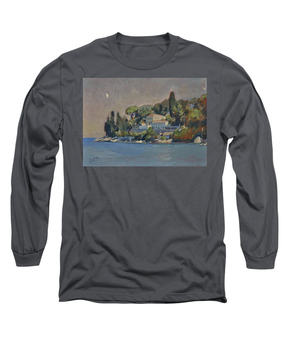 Olive Long Sleeve T-Shirt featuring the painting The Manor House Paxos by Nop Briex