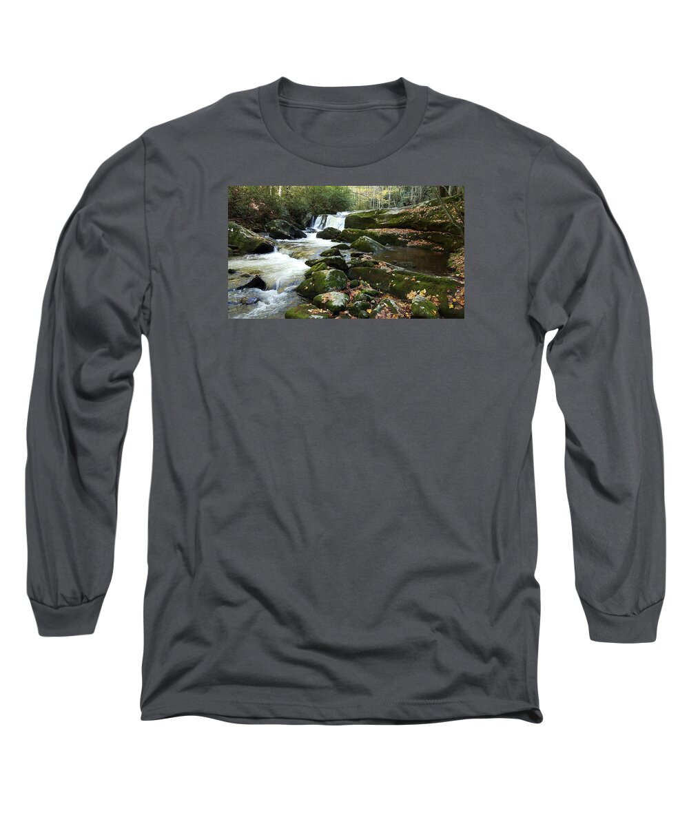 Stream Long Sleeve T-Shirt featuring the photograph Stream with Moss Covered Rocks in the Smoky Mountains by William Slider