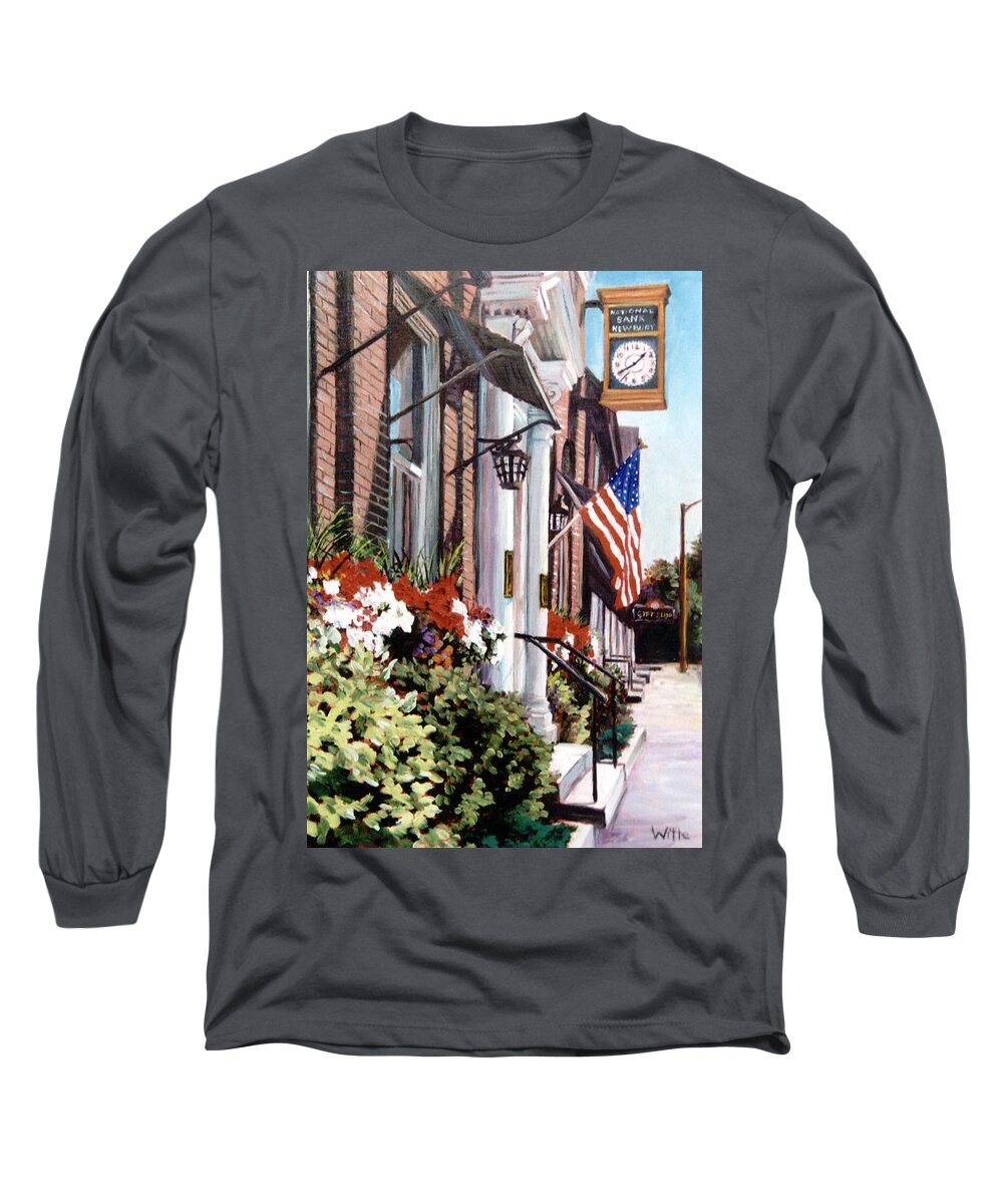 Historic Town Long Sleeve T-Shirt featuring the painting The Old Clock by Marie Witte