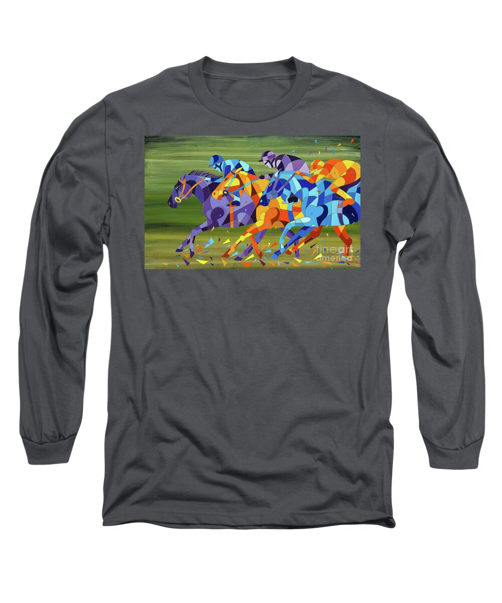 Race Art Long Sleeve T-Shirt featuring the painting The Race is On by Barbara Rush