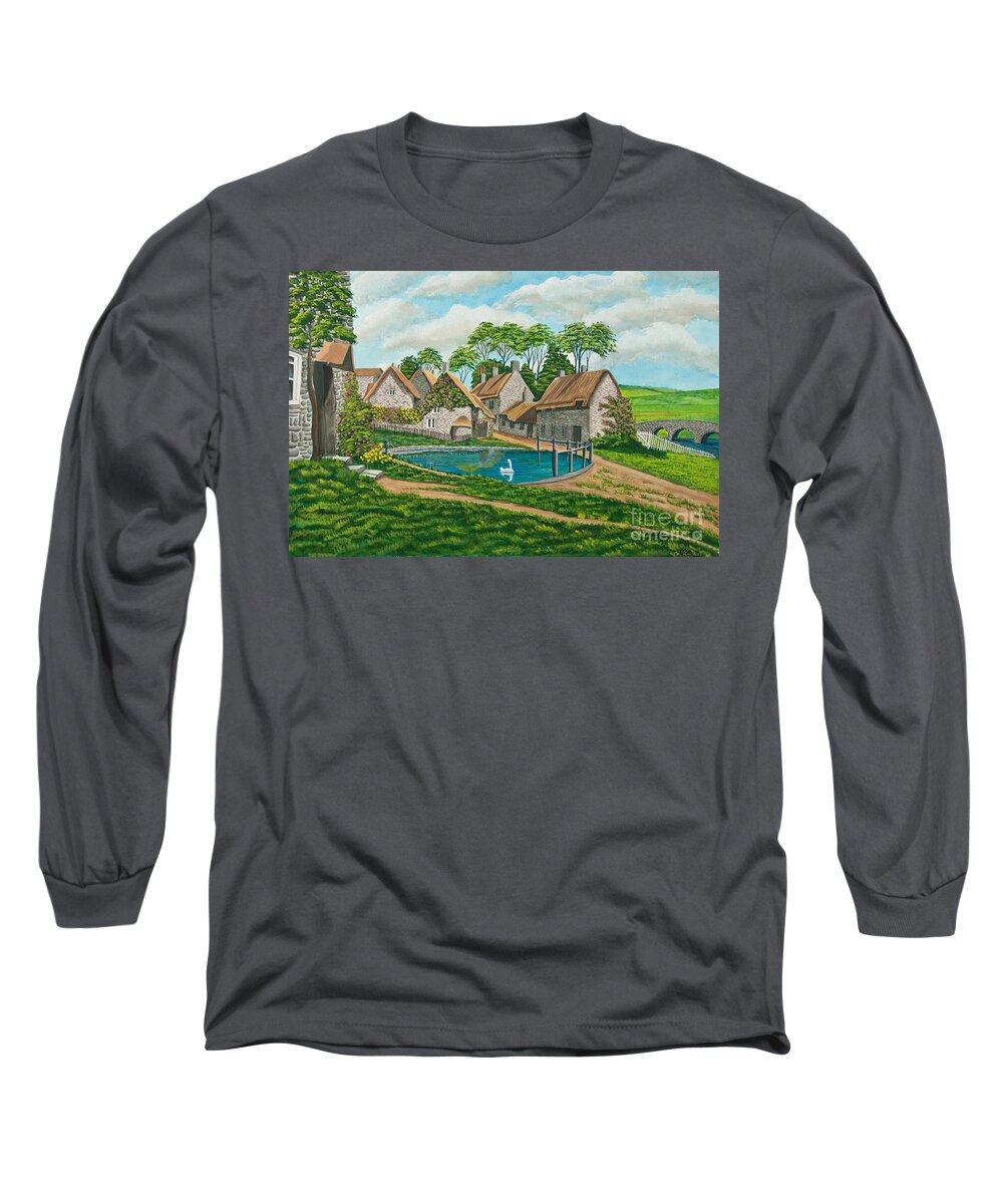 English Painting Long Sleeve T-Shirt featuring the painting The Village Pond in Wroxton by Charlotte Blanchard