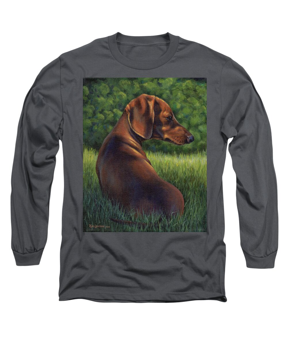 Dachshund Long Sleeve T-Shirt featuring the painting The Wise Wiener Dog by Kim Lockman