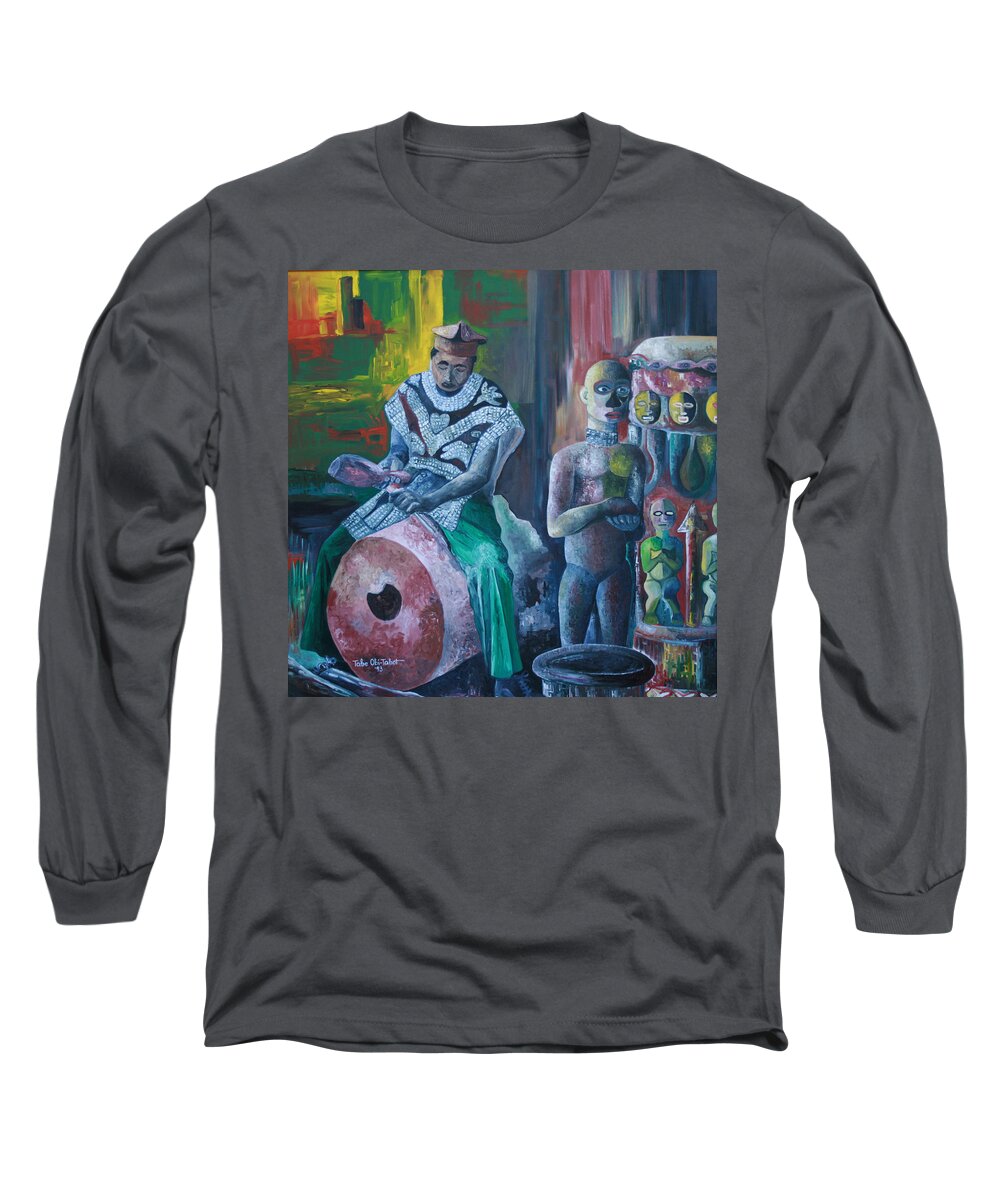 The Woodcarver Long Sleeve T-Shirt featuring the painting The Woodcarver by Obi-Tabot Tabe