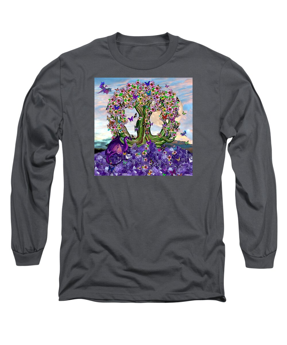 Dragon Long Sleeve T-Shirt featuring the mixed media The World Tree Spring Equinox Dragons by Michele Avanti