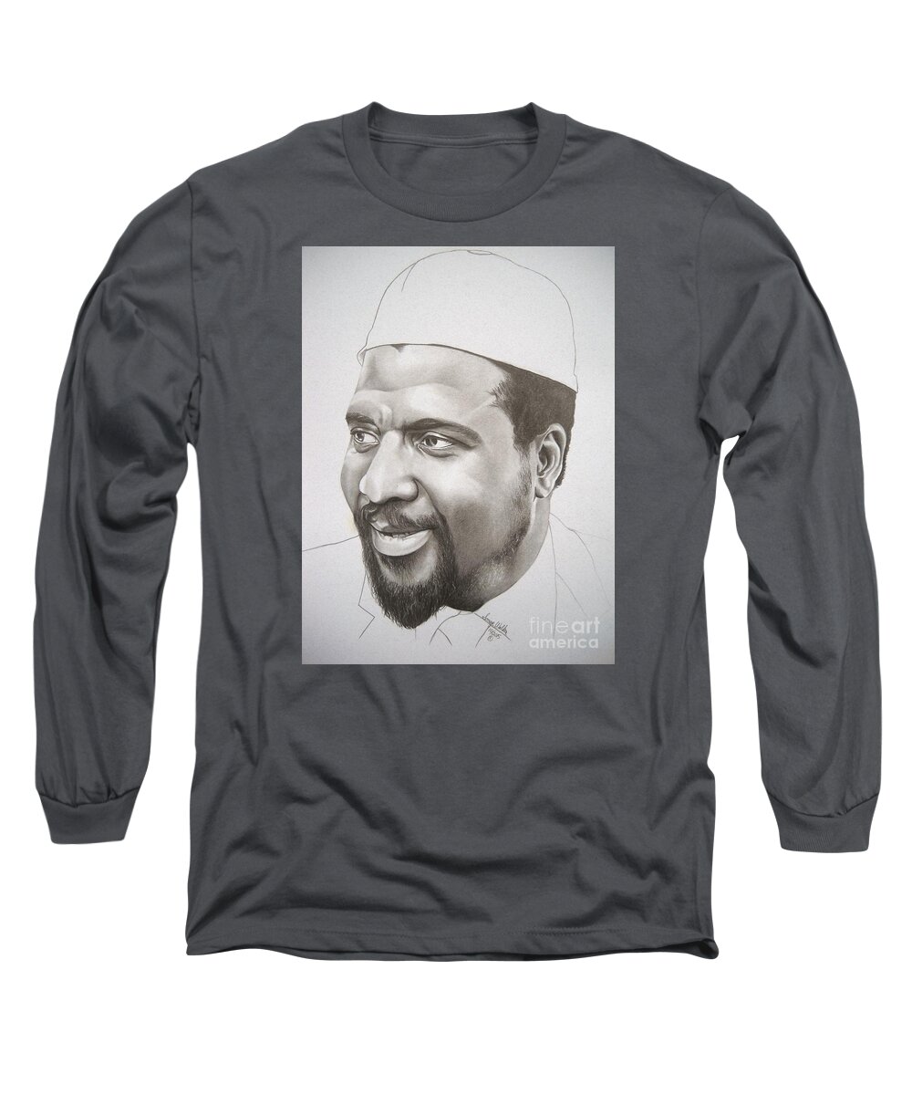 Thelonious Monk Long Sleeve T-Shirt featuring the drawing Thelonious by Sonya Walker
