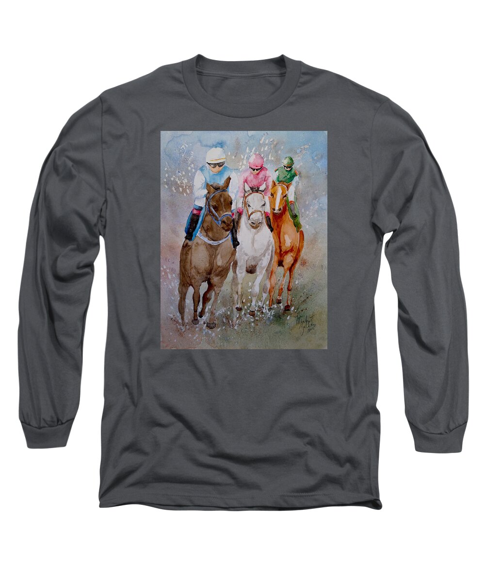 Horse Long Sleeve T-Shirt featuring the painting They're Off by Marilyn Zalatan