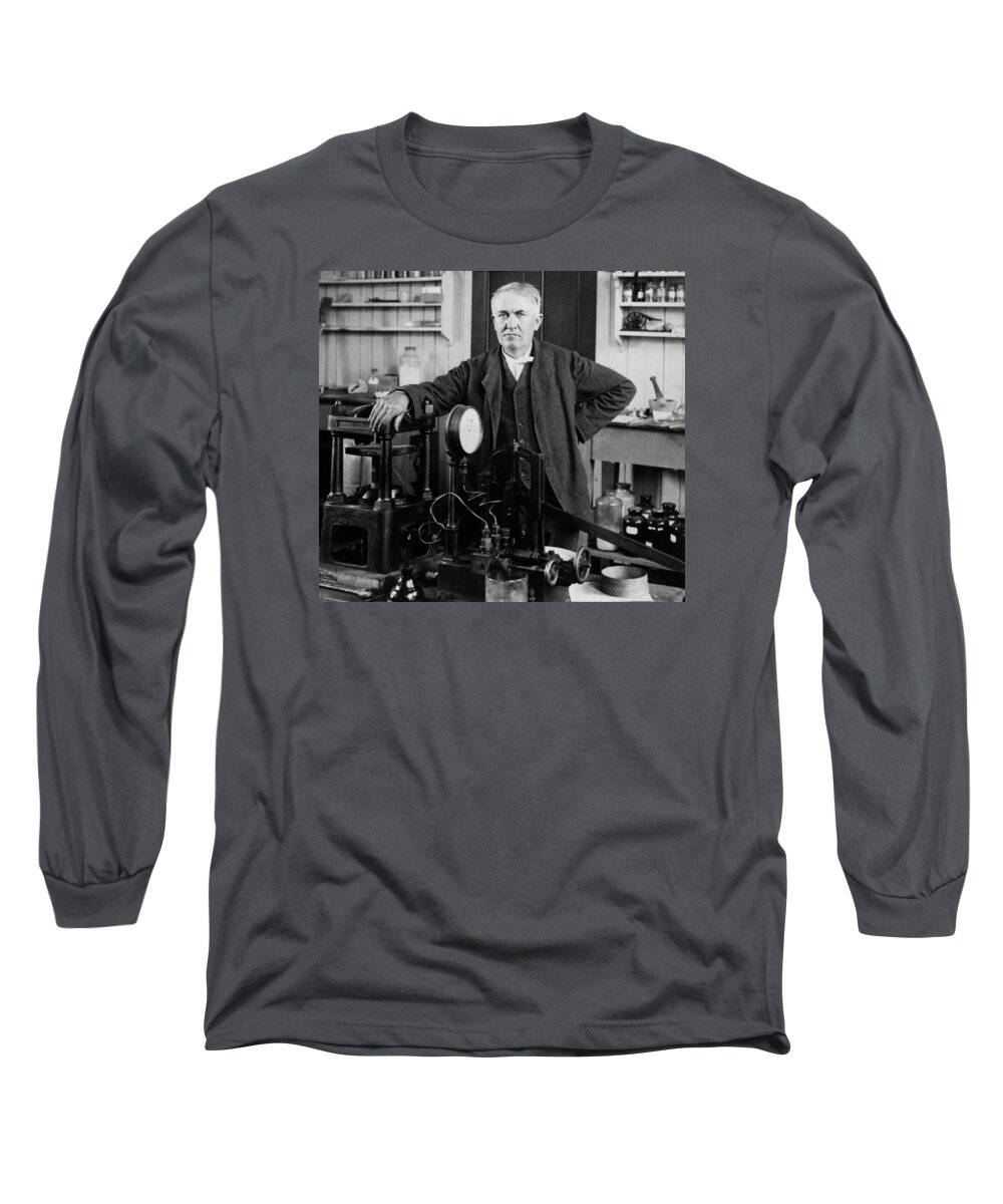Thomas Edison Long Sleeve T-Shirt featuring the photograph Thomas Edison In His Lab - New Jersey - Circa 1901 by War Is Hell Store
