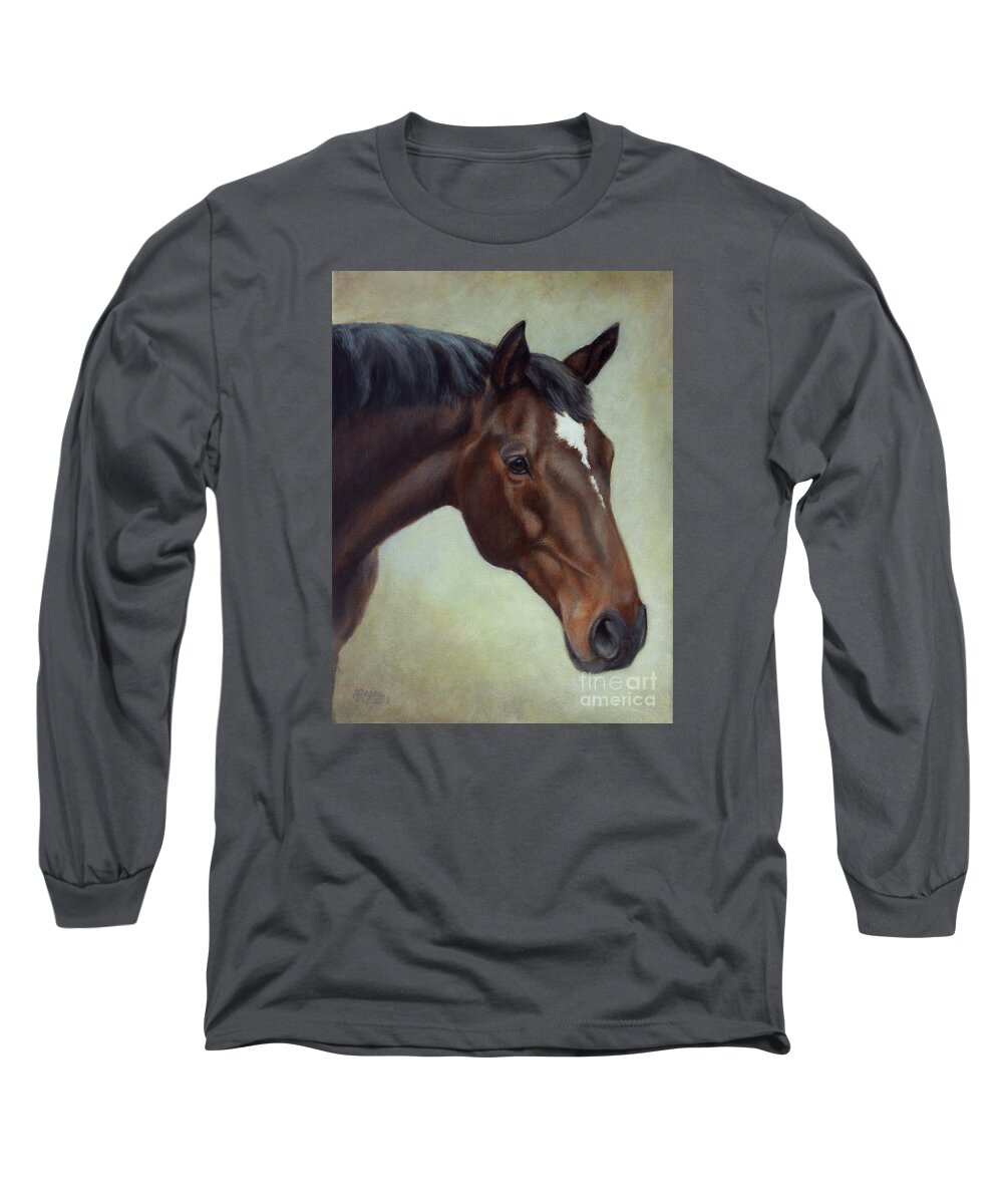 Horse Long Sleeve T-Shirt featuring the painting Thoroughbred Horse, Brown Bay Head Portrait by Amy Reges
