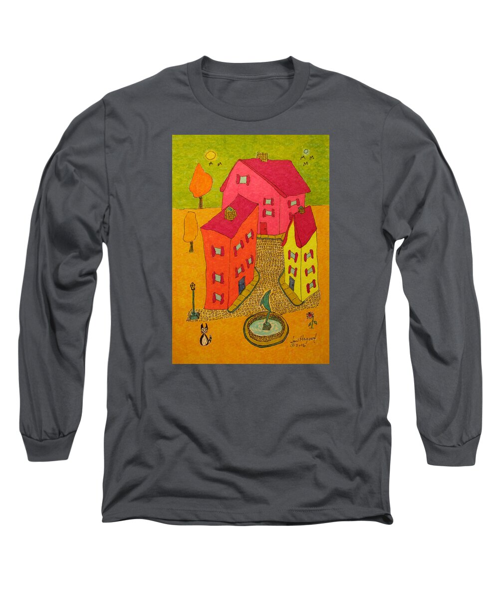 Hagood Long Sleeve T-Shirt featuring the painting Three Homes With Sculpture Fountain by Lew Hagood