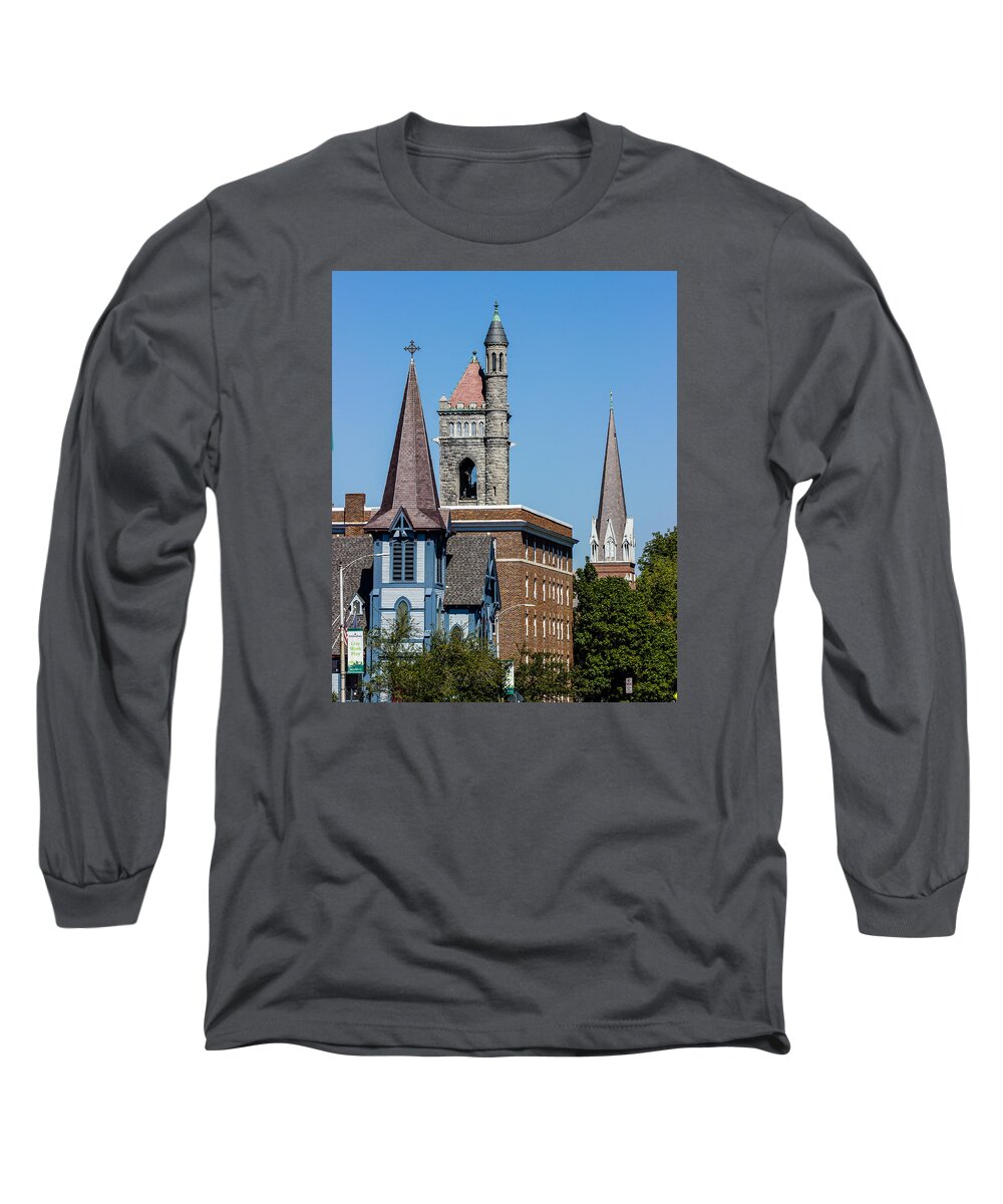 Steeple Long Sleeve T-Shirt featuring the photograph Three Steeples of St Johnsbury Vermont by Tim Kirchoff