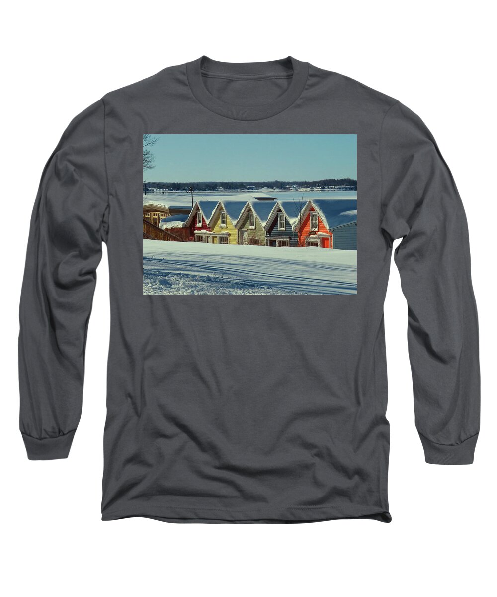 Thousand Islands Long Sleeve T-Shirt featuring the photograph Winter View TI Park Boathouses by Dennis McCarthy