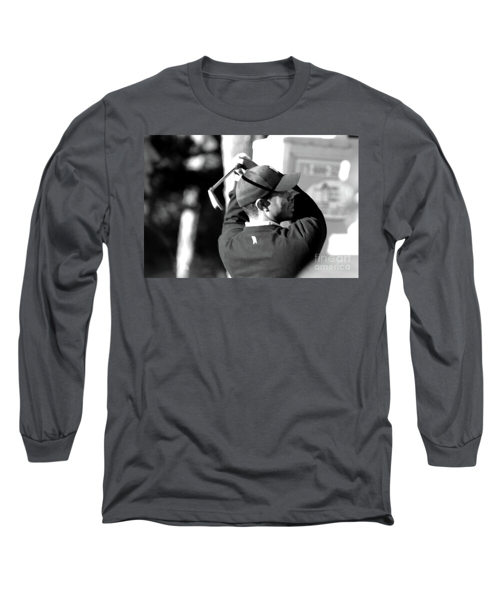 Golf Long Sleeve T-Shirt featuring the photograph Tiger Woods Blk Wht by Chuck Kuhn