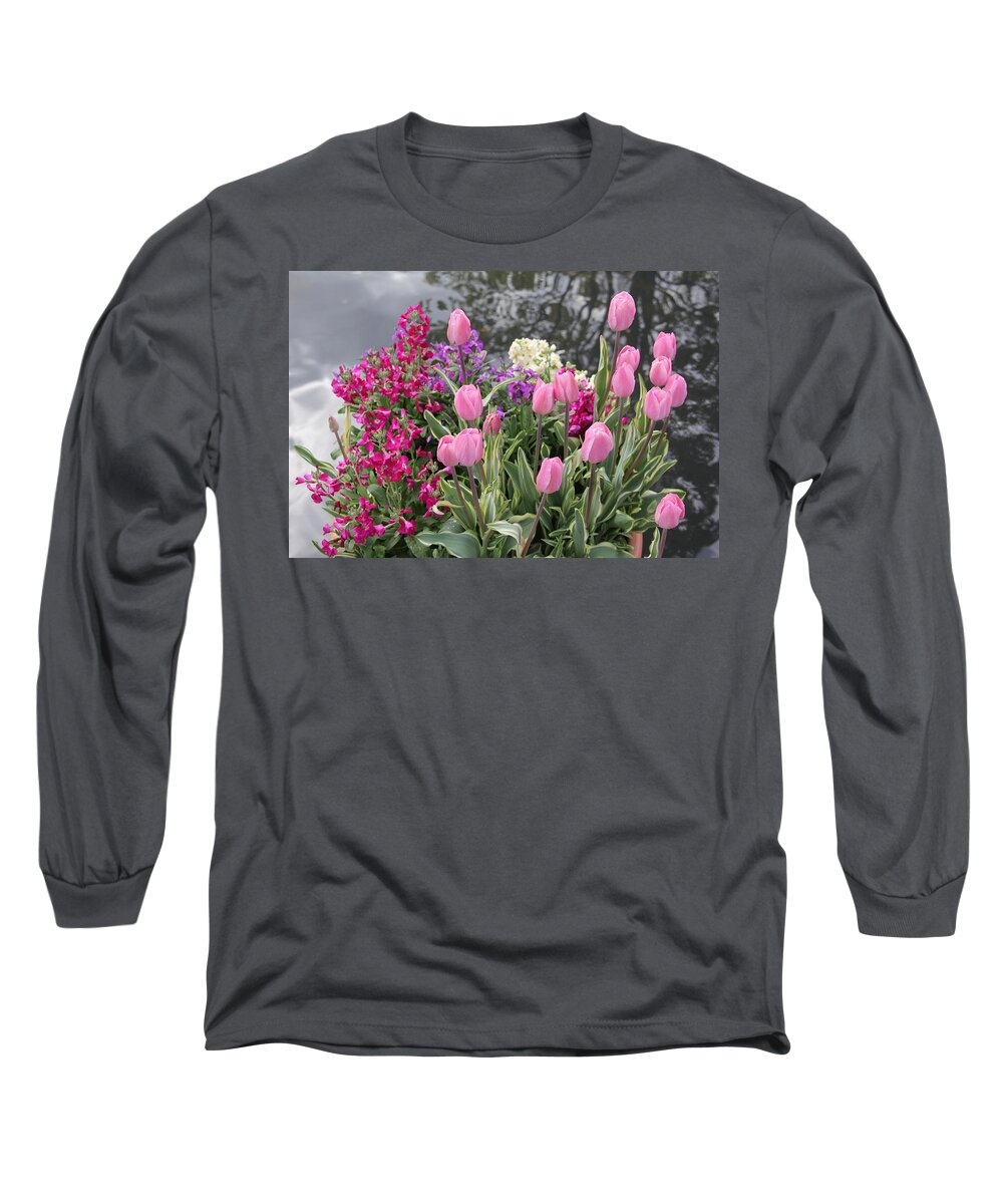 Pink Tulips Long Sleeve T-Shirt featuring the photograph Top View Planter by Allen Nice-Webb