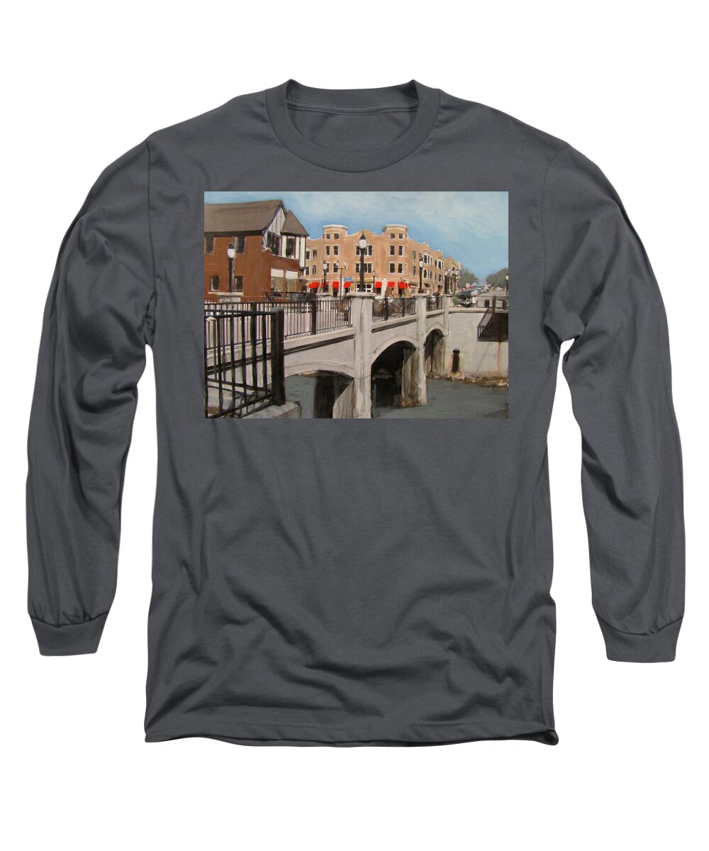 Milwaukee Long Sleeve T-Shirt featuring the mixed media Tosa Village Bridge by Anita Burgermeister