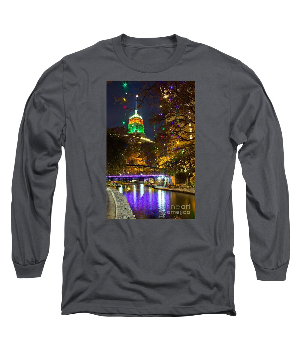 Michael Tidwell Photography Long Sleeve T-Shirt featuring the photograph Tower Life Riverwalk Christmas by Michael Tidwell